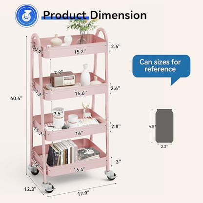 OLIXIS Metal 4 Tiers Rolling Storage Utility Cart with Lockable Wheels - color: Pink, size: 4-Tiered 18 inches