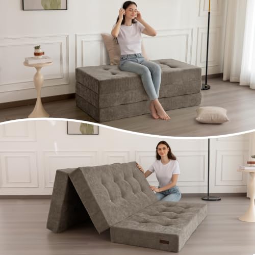 MAXYOYO 6" Folding Sofa Bed for Floor, Tufted Tri-Fold Floor Mattress | Queen Size Portable Sofa Couch Guest Mat with Chenille Fabric for Adults, Foldable Topper for Camping, Brown, Queen - color: Brown, size: Queen