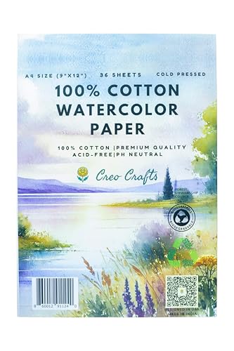 Creo Crafts 100% Cotton Watercolor Paper A4 (8.3 x 11.7 in) - 36 Sheets, 250 GSM Cold Pressed, Gelatin Sized, Acid-Free Natural White Artist Paper for Watercolour & Gouache - size: A4