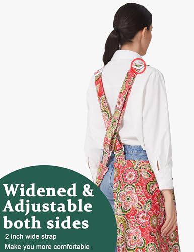Cozy Adjustable Cross Back Aprons for Women with Pockets Cotton Linen Cooking Kitchen Baking - color: Red Flowers