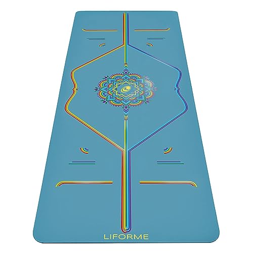 Liforme Travel Yoga Mat - Patented Alignment Design, Advanced Non-Slip Grip | Eco-friendly, Non-Toxic, Sweat-Resistant, long, wide, 4.2mm thick mat for comfort, recommended for Hot Yoga, Free Yoga Bag - color: Blue Sky
