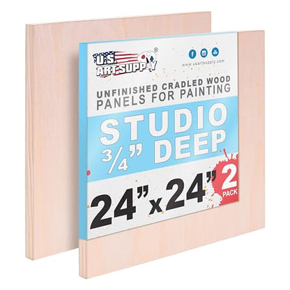 U.S. Art Supply 24" x 24" Unfinished Cradled Wood Panels for Painting, Studio 3/4" Deep (2 Pack) - Artist Depth Birch Wooden Wall Canvases - Mixed-Media Craft, Acrylic, Oil, Encaustic, Paint Pouring - size: 24" x 24", style: Square