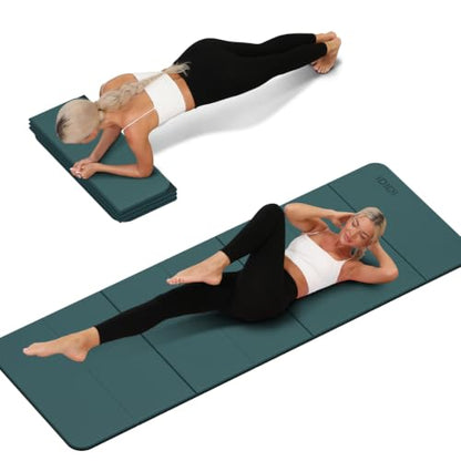 Foldable Yoga Mat Extra Thick 0.32"(8mm) | Folding Exercise Mat,Odorless POE, Non-Slip Grip, No-Curl Edges, Great for Yoga, Pilates & Home Workouts - color: Deep green