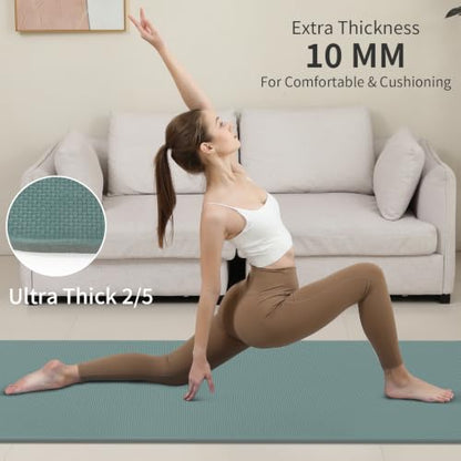 PAIDU POE Yoga Mat （10mm）Extra Thick Fitness Mat 72"x24" with Carry Strap | Non-slip, tear-resistant and suitable for all ages, perfect for yoga, Pilates, home gym and full-body workouts. - color: Deep green+Gray.
