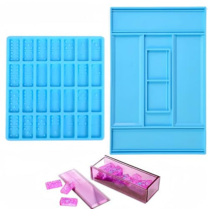2 Pack Silicone DIY Domino Box Resin Mould Kit(Blue) | Epoxy Resin Casting Jumbo Mold Clay Mold Storage Box Mold for DIY Pendant Jewelry Crafts Making Tool - size: Dominoes + Storage Box (Blue)