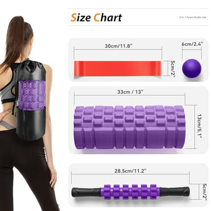 SUBCULTUREPICK 5 in 1 Foam Roller Set for Deep Tissue Muscle Massage | High Density Trigger Point Fitness Patented Exercise Roller, Muscle Stick, Massage Ball, Stretching Strap, for Whole Body - color: Purple
