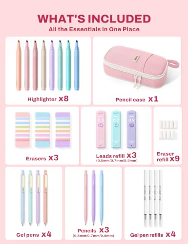 SUNEE Pencil Case with Supplies, 35PCS Aesthetic Stationery Set with Pastel Highlighters, Black Gel Pens, Mechanical Pencils & Refills, Cute School Supplies for Teachers Girls College Pink - color: Pink, style: 35 Pack