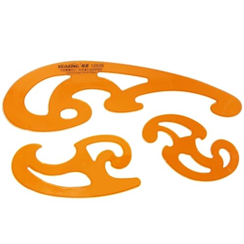 KEARING 3Pcs Hard Plastic French Curve Ruler Set - Orange Ink Groove Sewing | Rigid 3-piece clear orange hard plastic french curve set with ink groove. Non-bendable drawing tool for pattern making - style: 1203S