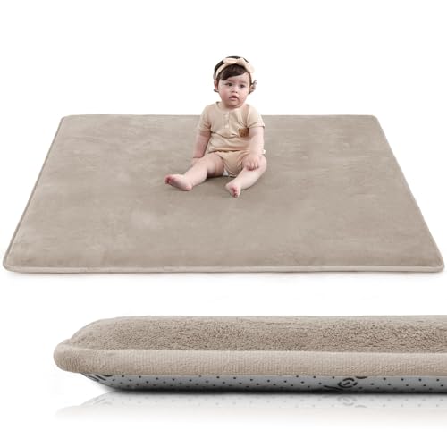 Huloo Sleep Baby Play Mat for Floor,1.3" Thick Elasti-Foam 47"×47" Playpen Mat for Tummy Time,Water Repellent Soft Coral Velvet for Toddler,Infant,Kids,Non-Slip Backing Safe for Crawling（Beige） - color: Beige, size: 47"×47"×1.3"