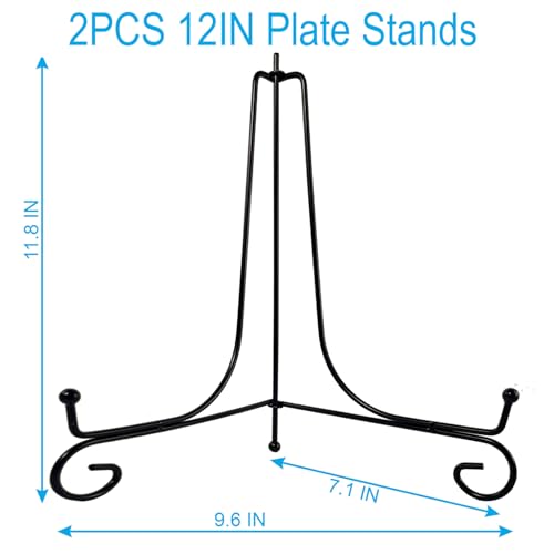 HENABLE 2PCS Premium Black Iron Plate Stands for Display 12 Inch, Decorative Solid Metal Plate Holders for Displaying, Mini Easel, Frame, Book, Card, Plaque, Bowl, Picture Stands for Display - size: 2PCS 12IN