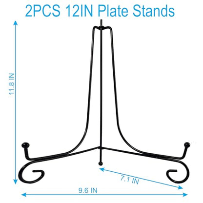 HENABLE 2PCS Premium Black Iron Plate Stands for Display 12 Inch, Decorative Solid Metal Plate Holders for Displaying, Mini Easel, Frame, Book, Card, Plaque, Bowl, Picture Stands for Display - size: 2PCS 12IN