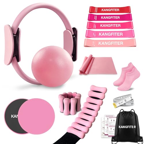 KANGFITER Pilates Equipment Kit for Home Workout, Pilates Ring and Ball Set with Adjustable Ankle Wrist Weights, Resistance Bands, Tape Measure, Bag, Pilates Essentials Accessories for Women Yoga - color: Pink Pro