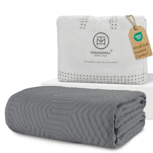 Threadmill Luxury Cotton Blankets for Queen Size Bed | All-Season 100% Cotton Queen Size Blanket | Aster Jacquard Cozy Lightweight, Soft Breathable Coverlet fits Full Size Bed, 90x92 | Dark Grey - color: Aster Dark Grey, size: Queen / Full