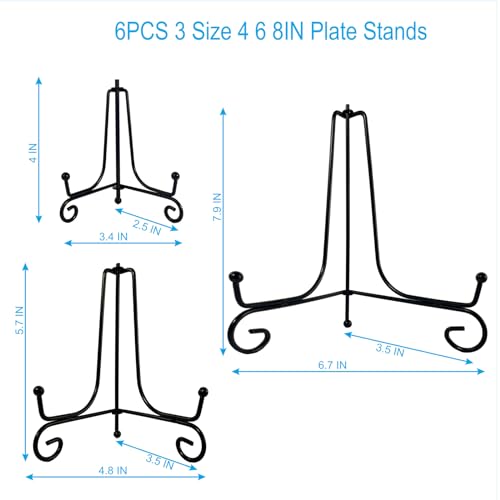 HENABLE 6PCS 3 Size Black Iron Plate Stands for Display - 4, 6, 8 Inch Decorative Metal Plate Holders - Mini Easel, Frame, Book, Card, Plaque, Bowl, Picture Display Stands - size: 6PCS 4 6 8IN