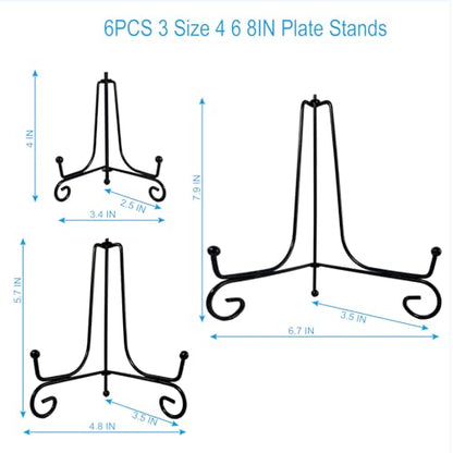 HENABLE 6PCS 3 Size Black Iron Plate Stands for Display - 4, 6, 8 Inch Decorative Metal Plate Holders - Mini Easel, Frame, Book, Card, Plaque, Bowl, Picture Display Stands - size: 6PCS 4 6 8IN