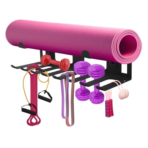 Multi-Purpose Gym Equipment Storage Rack, Stainless Steel Rack Holder Organizer Wall Mount with Screws Home Gym Organization Accessories for Foam Rollers Straps Jump Ropes Yoga Mat (Black)