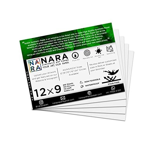 NARA Alcohol Ink Paper | White | 12 inches x 9 inches (12”x9”) | 150 microns/110 GSM | 200 Sheets| Lite Paper | Paper for Alcohol Ink Art Painting | 100% Stain-Free - color: White_Rectangle_Paper Sheets_06