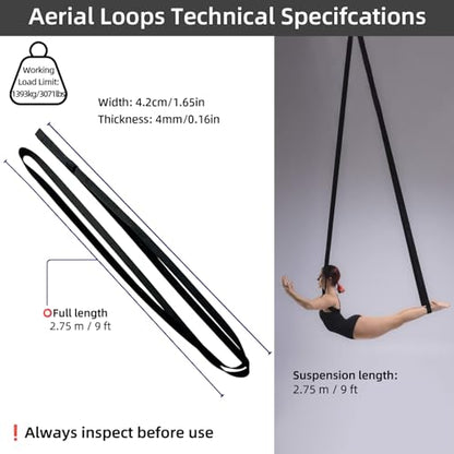 PRIOR FITNESS Aerial Loops Set,SGS Certified,9ft Yoga Straps Trapeze 2pcs - color: black