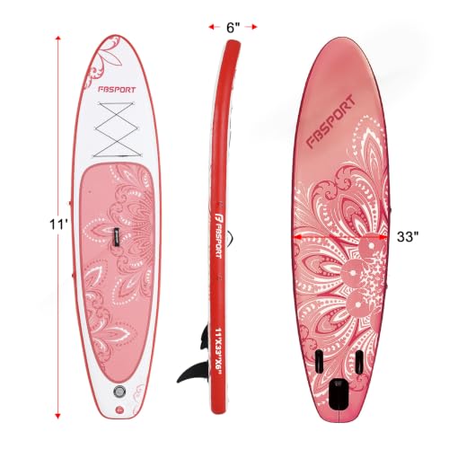 FBSPORT 11' Premium Stand Up Paddle Board, Yoga Board with SUP Accessories & Carry Bag | Wide Stance, Surf Control, Non-Slip Deck, Leash, Paddle and Pump for Youth & Adult - color: PinkWhite