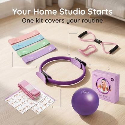 Pilates Ring and Ball Set with Video Tutorials, 10-in-1 Home Pilates Kit - color: Sunset Purple