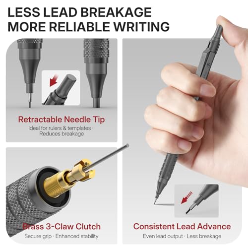 WUO Mechanical Pencil Set, 4 Pack 0.5mm & 0.7mm Metal Drafting Pencils | Mechanical pencils with 480 HB leads, eraser pen, 4B erasers, case for technical drawing, sketching, writing & school - color: Black+Grey