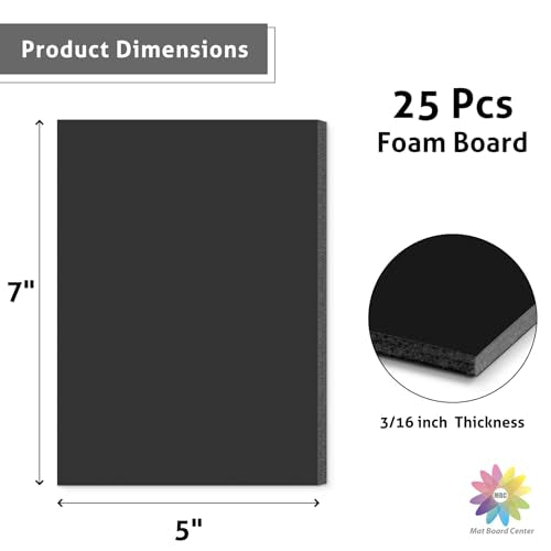 Mat Board Center 5x7x3/16" Black High-Grammage Foam Core Boards Pack of 25 | Acid Free, Polystyrene, Warp-Resistant, Double-Sided Foam Poster Board, Easy to Cut & Write for Display, Draw, Crafts & Art - color: Black, size: 5x7