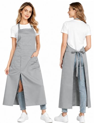Pottery Split-Leg Make Ceramic Apron, Long Split-Leg Artist Painting Apron with 3 Pockets for Men and Women - color: Grey