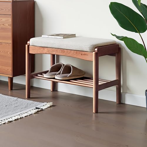 Solid Wood Shoe Bench, 24 Inch Entryway Bench with Light Gray Cushion - color: Walnut + Light Gray Cushion, size: 23.62"