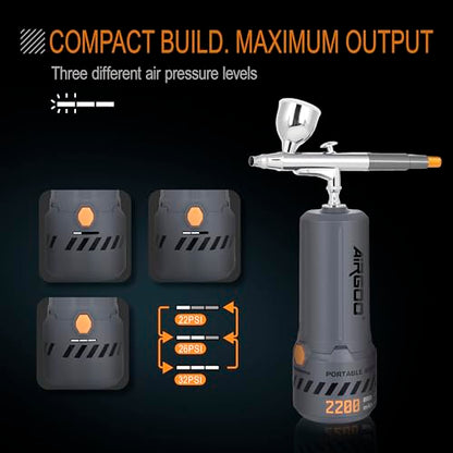 Airgoo Portable Airbrush Kit with Air Compressor MK430-215 with 0.3mm Nozzle, Cordless Airbrush Gun Set with Replaceable 5cc/10cc/20cc Fluid Cups for Makeup, Crafts, Tattoo, Modeling, Cake Decor