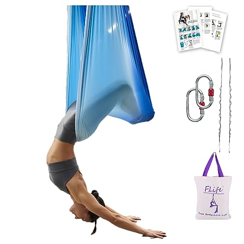 F.Life Aerial Yoga Hammock 6.5 yards Premium Aerial Sling Silk Fabric Yoga Swing for Antigravity Inversion Include Daisy Chain,Carabiner and Pose Guide - color: Blue Omber