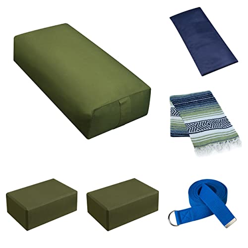 6 Piece Restorative Yoga Kit | Includes 1 Yoga Bolster (24"x12"x6"), 2 Blocks (4"x6"x 9"), 1 6ft D-Ring Strap, 1 Mexican Blanket, 1 Unscented Eye Pillow - color: Olive