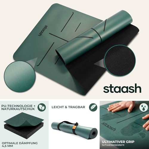 STAASH Premium Yoga Set – PU & Natural Rubber Mat + Towel + Strap + Knee Pad – Non-Slip Grip, Eco-Friendly, Studio Quality - color: Forest green