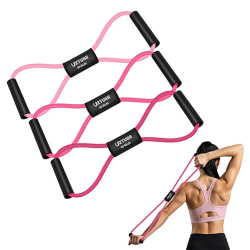 Figure 8 Resistance Bands for Arm, Back – 3-Level Latex Heavy Exercise Bands with Handles for Strength Training, Full Body Workout, Physical Therapy, Pilates, Yoga, Home Gym Equipment for Women - color: Pink