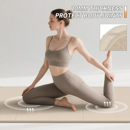 PAIDU Foldable Yoga Mat 10MM Thick SGS Certified TPE 75x26" Portable - color: Beige+Dark Gray
