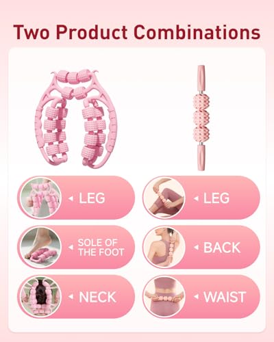 Massage Roller for Legs,21 Wheel Circular Leg Clamp+3 Wheel Massage Roller Stick Lymphatic Massage for Relieve Soreness Stiffness Tight Muscles Deep Tissue-Pink - color: Pink
