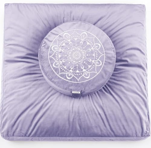 Hihealer Meditation Cushion, Traditional Tibetan Velvet Meditation Pillow | Buckwheat Yoga Bolster, Large Floor Cushion & Pillow for Adults, Zafu Zabuton Set, Zen Meditation Mat - color: Romantic Purple(set)