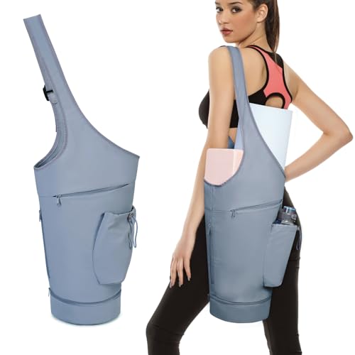 sportsnew Yoga Mat Bag, Large Opening Long Tote Yoga Mat Carrier Holder Bag with Waterproof Wet Pocket and Drawstring Water Bottle Pocket, Adjustable Shoulder Strap Storage Bag, patent pending - color: Blue