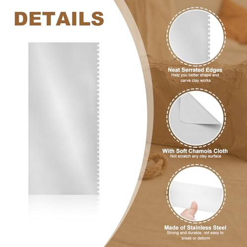 YOKIVE 10Pcs Steel Pottery Tools, Serrated Scraper Clay Ribs 10 Sizes Stainless Steel Sculpture Modeling Cutter Ceramic Tools with 2 Gray Chamois Cloth - color: Gray Chamois Cloth