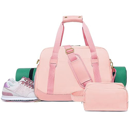Sports Gym Bag for Women, Travel Duffle Bag with Shoe Compartment & Wet Pocket, Fitness Yoga Bag - color: Pink