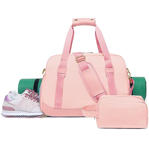 Sports Gym Bag for Women, Travel Duffle Bag with Shoe Compartment & Wet Pocket, Fitness Yoga Bag - color: Pink