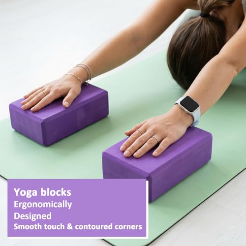 4 Pack High Density EVA Foam Yoga Blocks (9"x6"x3") - Non-Slip Lightweight Pilates Equipment for Stretching, Meditation & Balance Support (Purple)