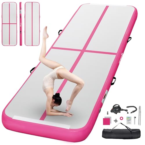FBSPORT Inflatable Air Gymnastics Mat Training Mats 4/8 inches Thickness Gymnastics Tracks for Home Use/Training/Cheerleading/Yoga/Water with Pump - color: Pink, size: 10ft*3.3ft*4in(3*1*0.1m)