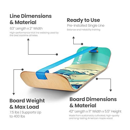 GIBBON SlackBoard, Balance Board Kids & Adults, Slackline Balance Trainer - color: Waves with Stand
