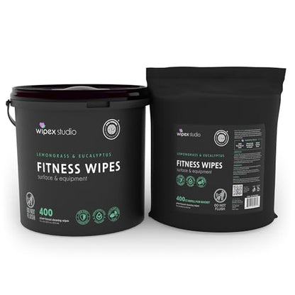Wipex Gym Cleaning Wipes Bundle – EWG Verified - Get 800 Wipes with (1) Lemongrass & Eucalyptus Bucket & (1) Refill Roll, Plant-Based Fitness Equipment Cloth, Clean Surfaces & Mats