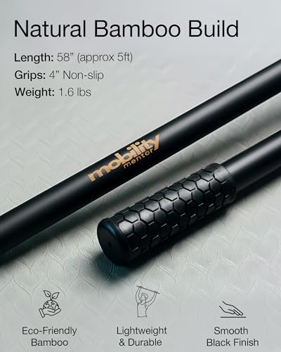 5ft Yoga Stick, Bamboo Stretching Stick for Mobility, Flexibility & Balance | Sturdy One-Piece Exercise Stick for Stretching, Physical Therapy, Workout, Posture, Yoga Bar & Dowel Rod - 20+ Video Guides