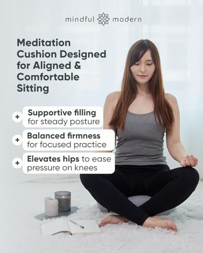 Mindful & Modern Large Meditation Cushion | Zafu Yoga Bolster Meditation Floor Pillow Seat | Buckwheat Hull Filled Crescent Shaped Cushion with Removable Washable Cover + Carry Handle | Grey - color: Crescent - Grey