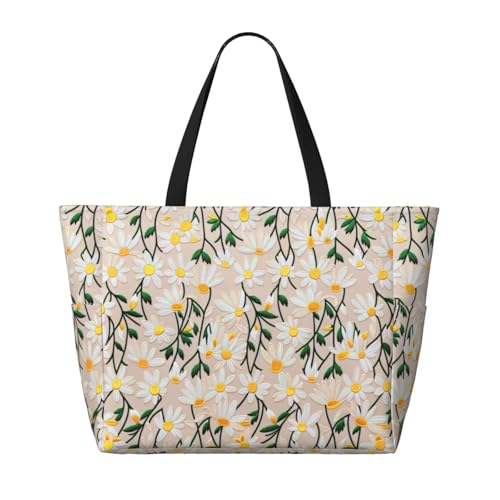 Large Beach Bag for Women Waterproof Foldable Travel Shoulder Tote Bag with Pocket for Weekender Pool Vacation - color: Daisy Beige