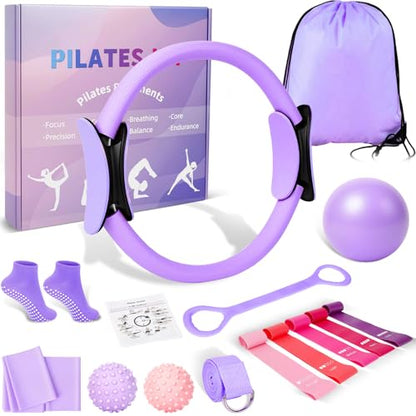 Pilates Ring and Ball Set for Women, Home Workout Pilates Kit, Magic Circle Hoop with 5 Resistance Bands, Pilates Equipment Fitness Essentials Starter Set Accessories - color: Purple