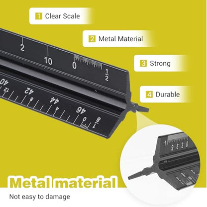 10 Pcs Architectural Scale Ruler 12" Imperial Architect Engineers Scale Triangular Ruler Aluminum Alloy Metal Triangle Drafting Rulers Measuring Tools for Architect Engineer Draftsman Artists (Black)