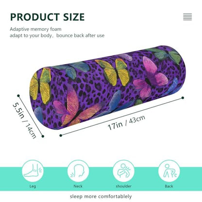 Bolster Pillow Neck Pillow Round Soft Health Memory Foam Pillows Long Cylindrical Body Pillow with Removable Cover Cute Back Yoga Colorful Butterflies and Purple Leopard Print 17" x 5.5" - color: Colorful Butterflies and Purple Leopard Print
